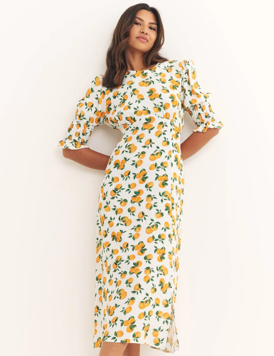 Aaliyah - Fun Fruit Print Midi Dress White