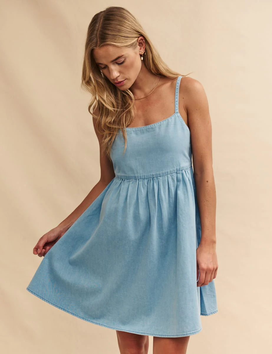 Alana - Light Wash Denim Dolly Mini Dress Blue