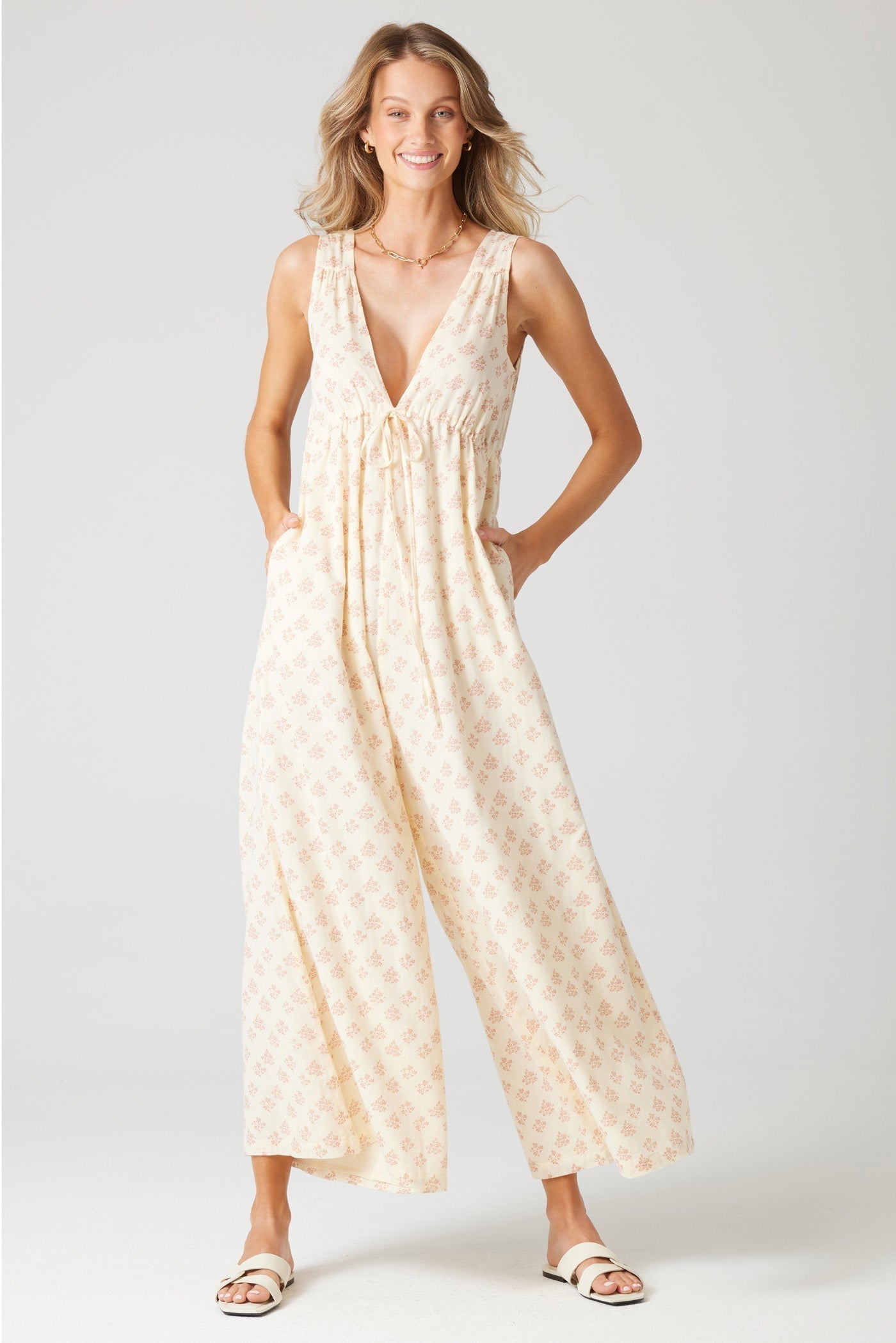 Bex - V Neck Drawstring Comfort Jumpsuit Ivory