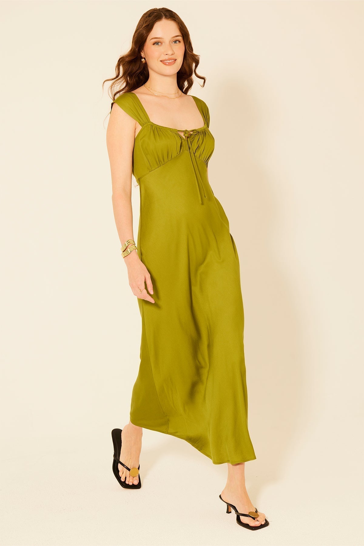 Lucile - Cap Sleeve Tie Front Midi Dress Green