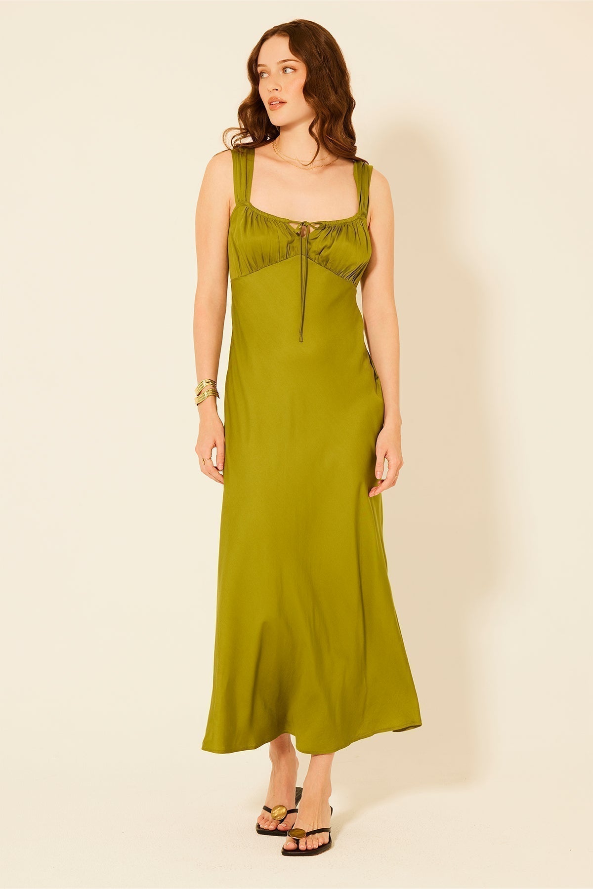 Lucile - Cap Sleeve Tie Front Midi Dress Green 3