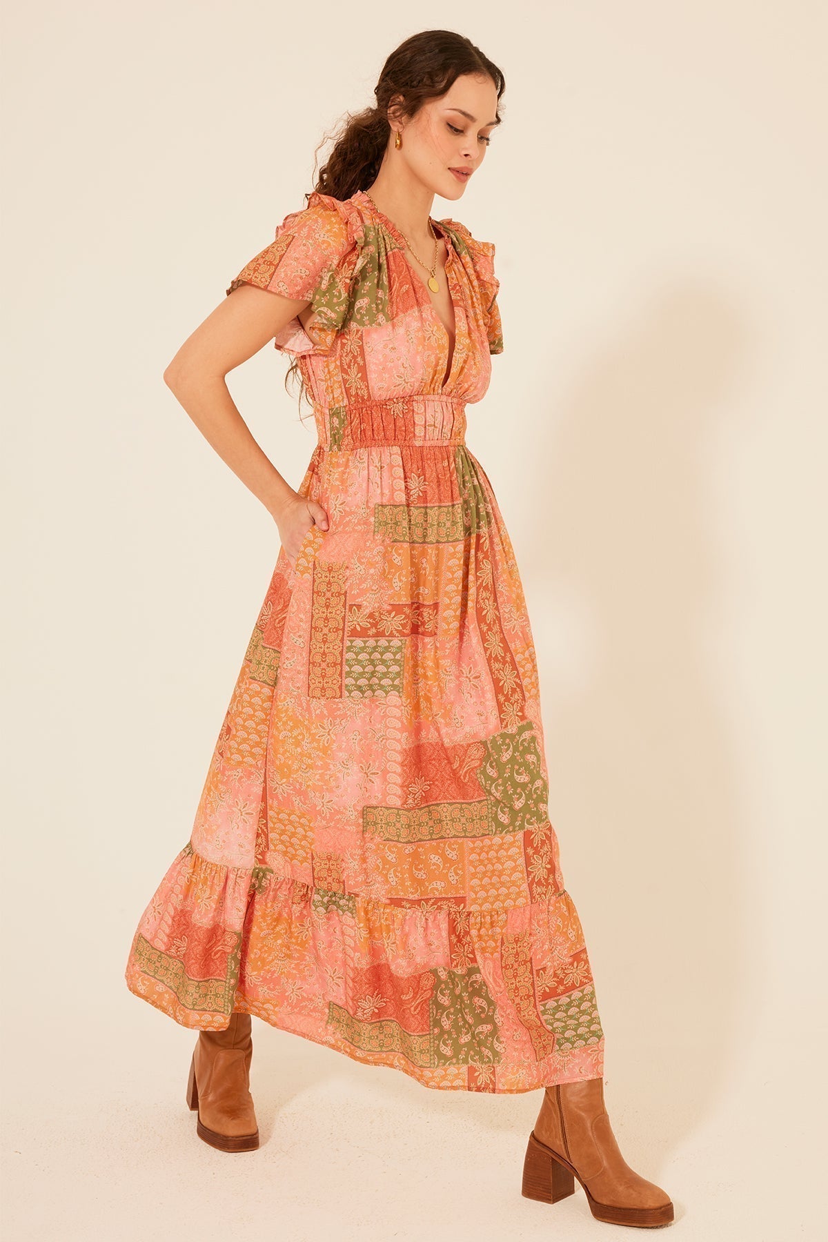 Sorrento - Patchwork Print Ruffle Maxi Dress Orange