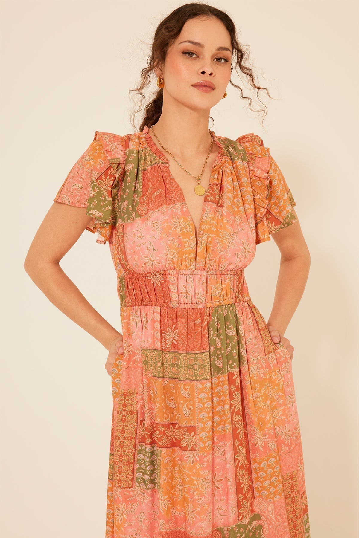 Sorrento - Patchwork Print Ruffle Maxi Dress Orange 2