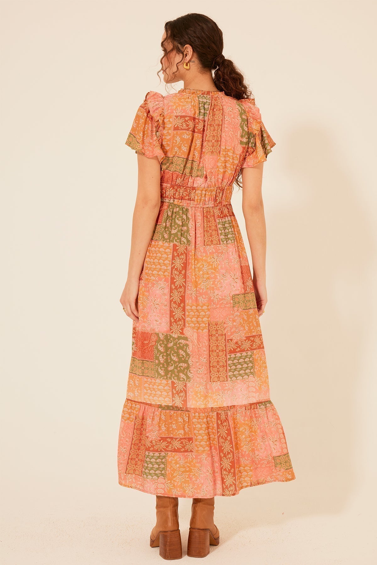Sorrento - Patchwork Print Ruffle Maxi Dress Orange 3