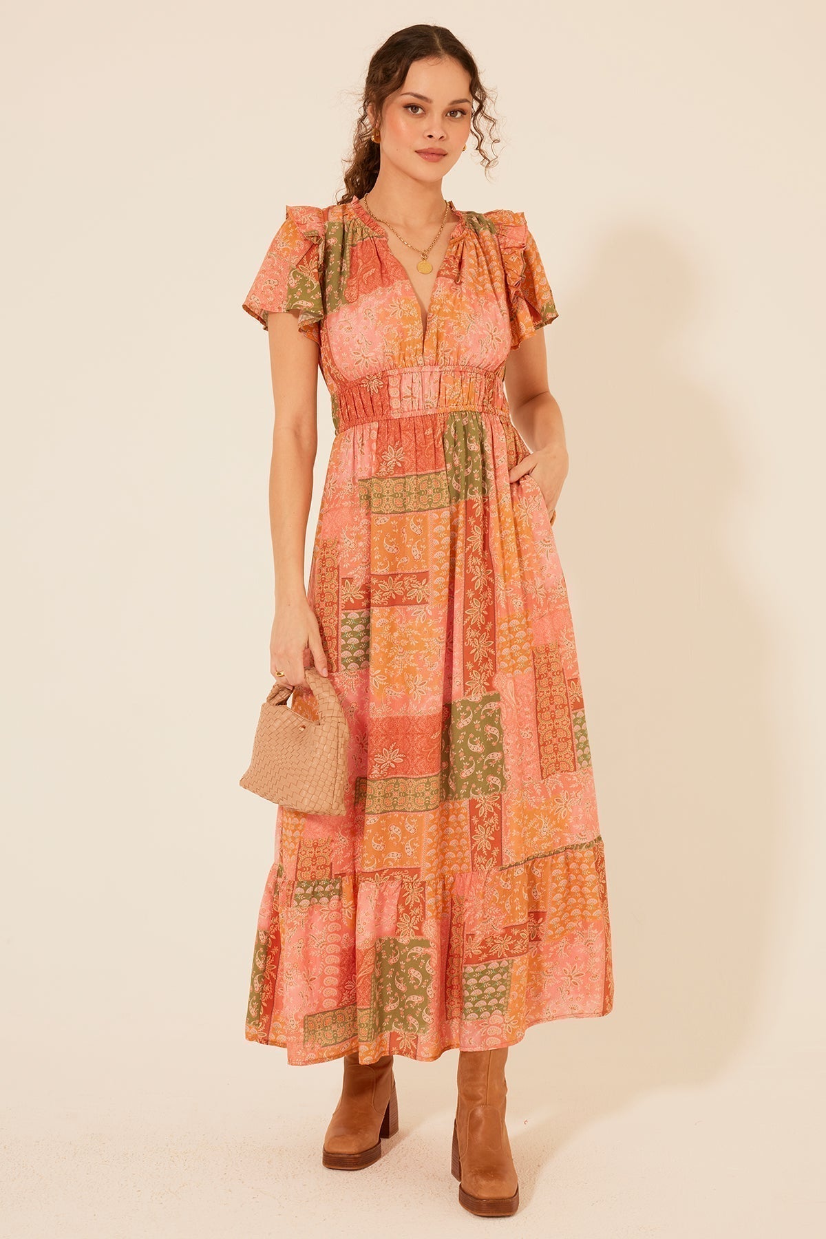 Sorrento - Patchwork Print Ruffle Maxi Dress Orange 4